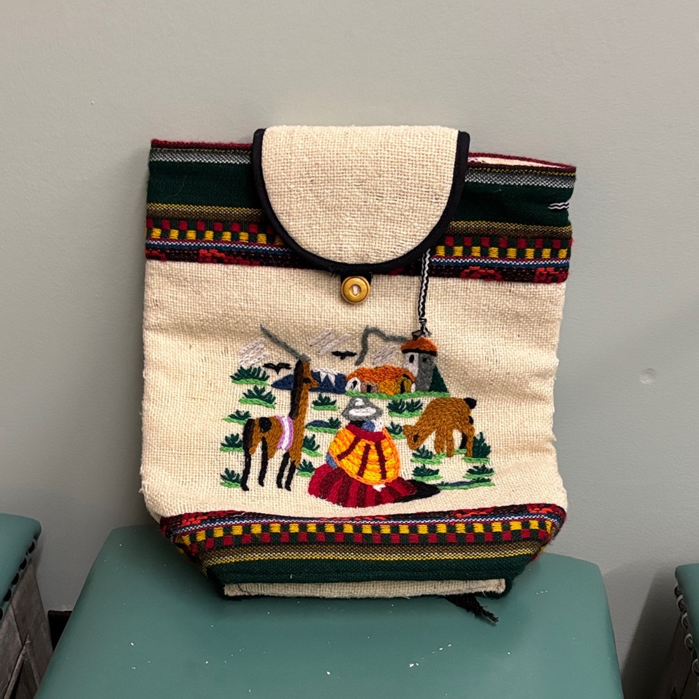 Embroidered Beige Backpack